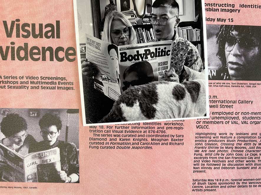 Detail from mailing featuring brochure for Visual Evidence Conference and a printed photograph of two people looking at a Body Politic newspaper issue with the story "In Search of Lesbian Porn" on the cover.